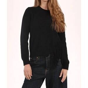 NEW MINNIE ROSE cotton cashmere fringe trim sweater in black